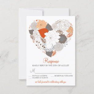 Orange and Grey Heart Flowers Wedding RSVP Card