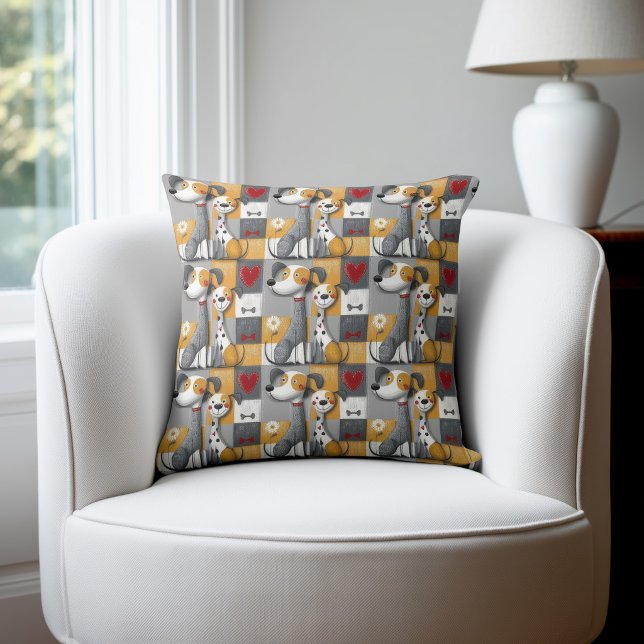 Orange and Grey Patchwork Dog Pattern Cushion (Creator Uploaded)