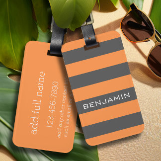 Orange and Grey Rugby Stripes with Custom Name Luggage Tag