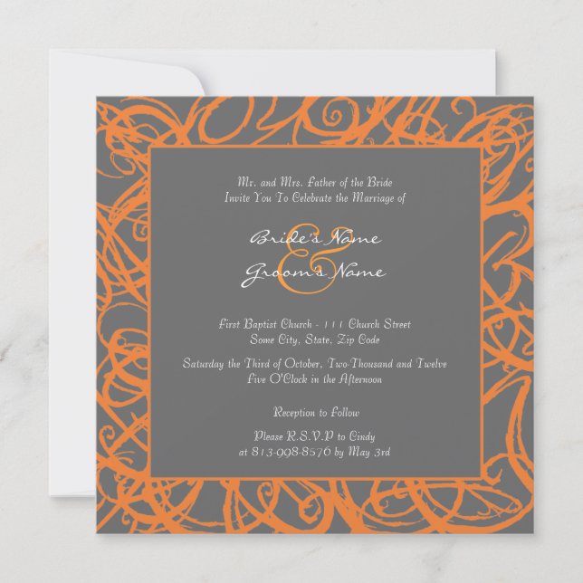 Orange and Grey Sketchy Frame Wedding Invitation (Front)