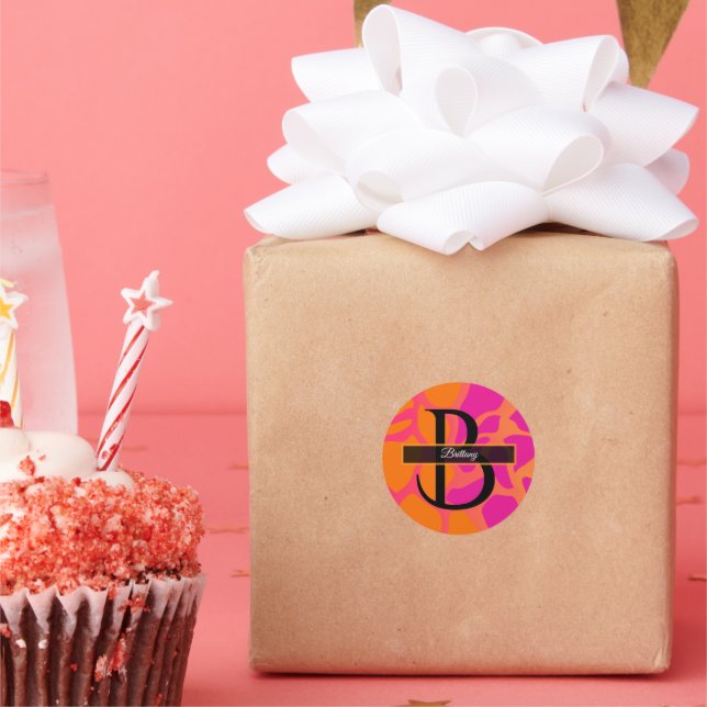 Orange and Hot Pink Gradient Monogram  Classic Round Sticker (Party)