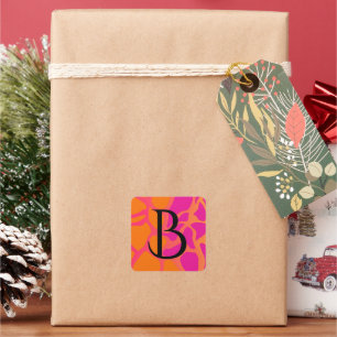 Orange and Hot Pink Gradient Monogram  Square Sticker