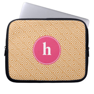Orange and Hot Pink Greek Key Pattern Monogram Laptop Sleeve