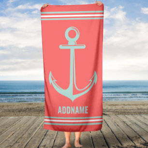 Orange and Light Mint Anchor Custom Name Beach Towel