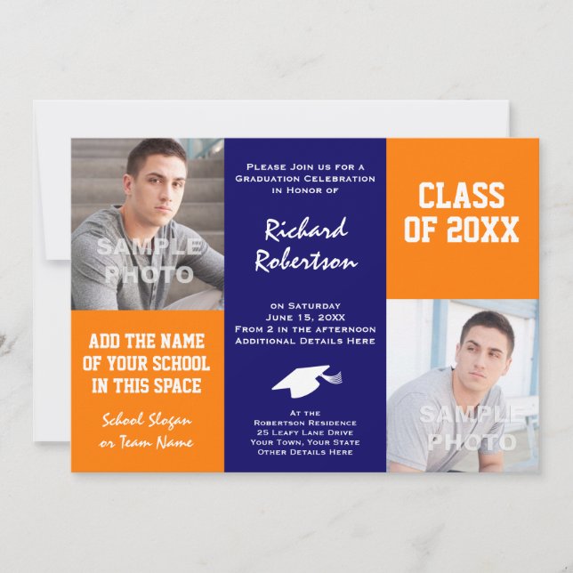 Orange and Navy Blue Custom Athlete Graduation Invitation (Front)