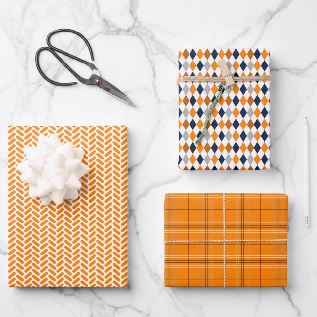 Orange and Navy Blue Mixed Patterns Wrapping Paper Sheet (Front)