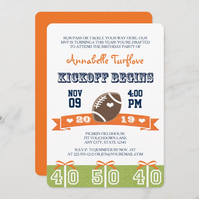 Orange and Navy Football Birthday Party Invite (Front/Back)