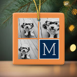 Orange and Navy Instagram Photo Collage Monogram Ceramic Tree Decoration<br><div class="desc">Vibrant oranges and dark blue - Use 3 square photos to create a unique and personal gift. Or you can keep the hipster puppy and make a trendy keepsake. If you need to adjust the pictures,  click on the customise tool to make changes.</div>