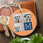 Orange and Navy Instagram Photo Collage Monogram Key Ring<br><div class="desc">Vibrant oranges and dark blue - Use 3 square photos to create a unique and personal gift. Or you can keep the hipster puppy and make a trendy keepsake. If you need to adjust the pictures,  click on the customise tool to make changes.</div>