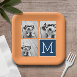 Orange and Navy Instagram Photo Collage Monogram Paper Plate<br><div class="desc">Vibrant oranges and dark blue - Use 3 square photos to create a unique and personal gift. Or you can keep the hipster puppy and make a trendy keepsake. If you need to adjust the pictures,  click on the customise tool to make changes.</div>