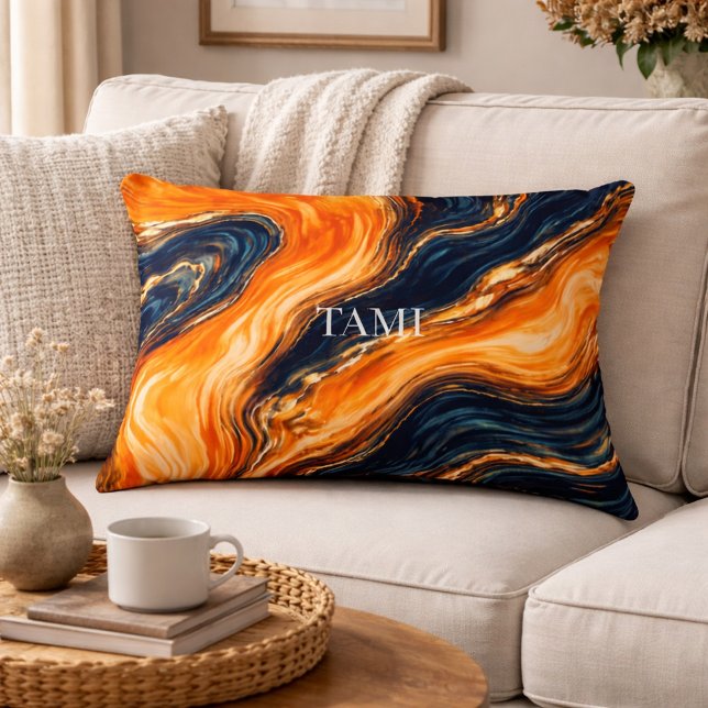 Orange and Navy Marble Abstract Name Decorative Cushion (Creator Uploaded)