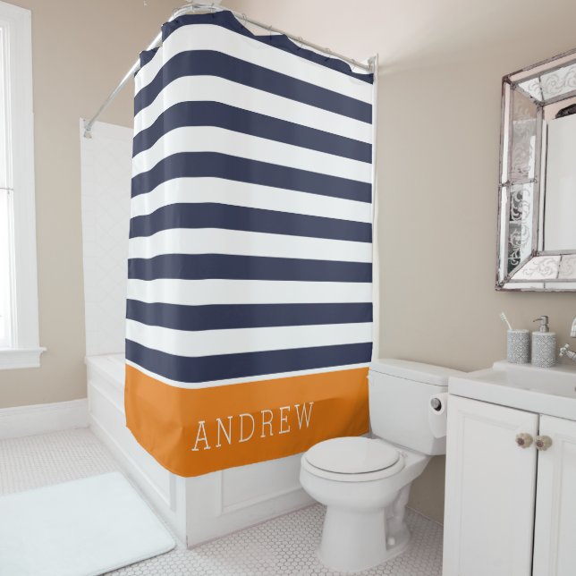 Orange and Navy Stripes Monogram Shower Curtain (In Situ)