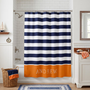 Orange and Navy Stripes Monogram Shower Curtain
