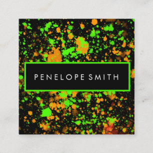 Orange and Neon Green Abstract Paint Splatter Square Business Card
