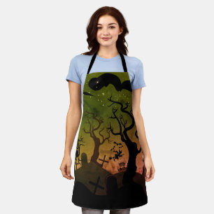 Orange and olive green haunted graveyard Halloween Apron