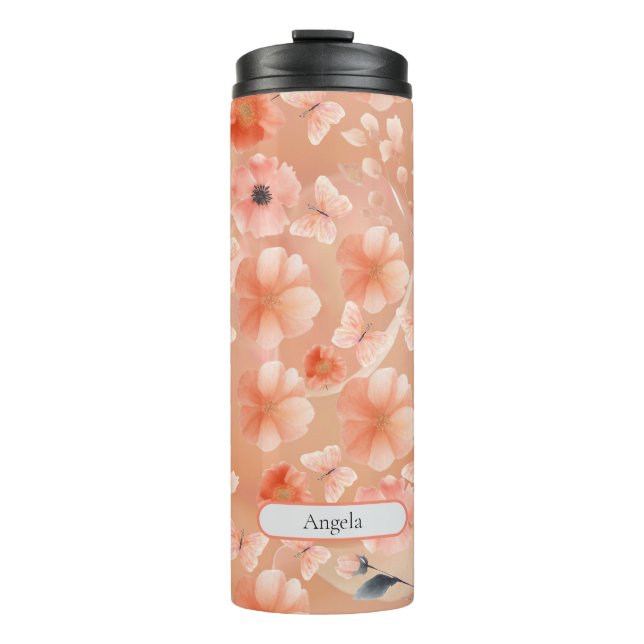 Orange and Peach Flowers and Butterflies Thermal Tumbler (Front)