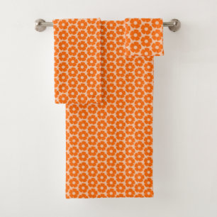 Orange and Peach Retro 60s Floral Pattern  Bath Towel Set