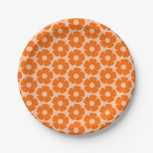 Orange and Peach Retro 60s Floral Pattern  Paper Plate