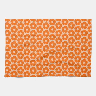 Orange and Peach Retro 60s Floral Pattern  Tea Towel
