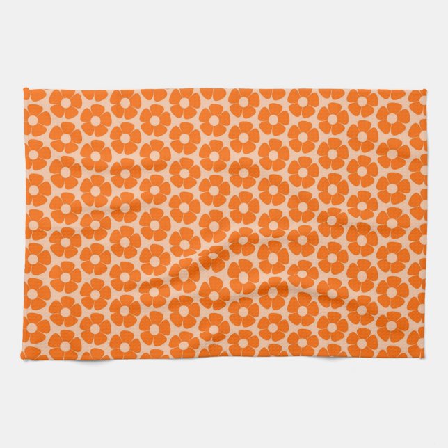 Orange and Peach Retro 60s Floral Pattern  Tea Towel (Horizontal)