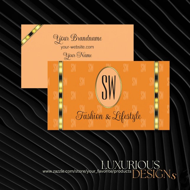 Orange and Peach with Monogram Gold Ornate Stripes Business Card (Creator Uploaded)