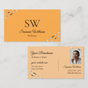 Orange and Peach with Silver Lines Monogram Photo Business Card