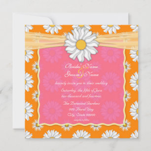 Orange and Pink and White Daisy Floral Square Invitation