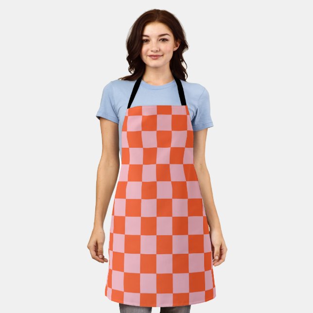 Orange and Pink Chequerboard Pattern Apron (Worn)