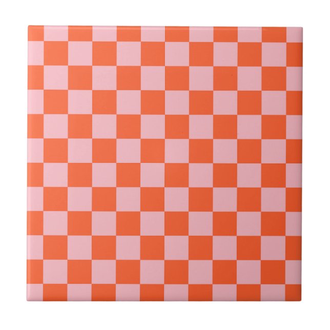 Orange and Pink Chequerboard Pattern Ceramic Tile (Front)