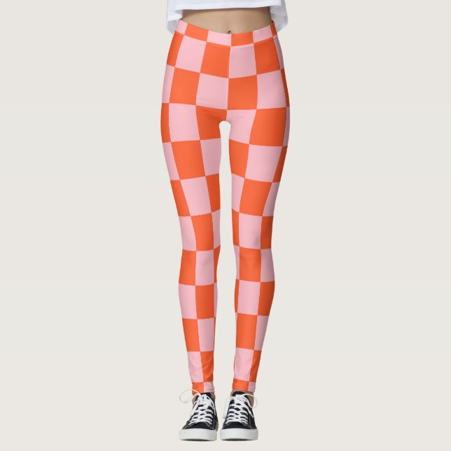 Orange and Pink Chequerboard Pattern Leggings (Front)