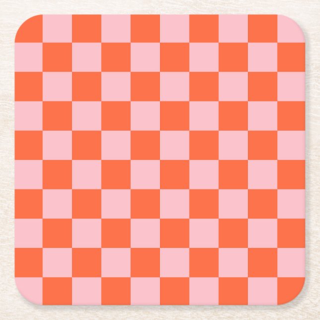 Orange and Pink Chequerboard Pattern Square Paper Coaster (Front)