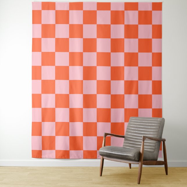 Orange and Pink Chequerboard Pattern Tapestry (In Situ)