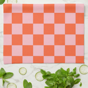 Orange and Pink Chequerboard Pattern Tea Towel