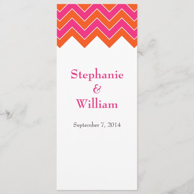 Orange and Pink Chevron Wedding Menu Cards (Front)