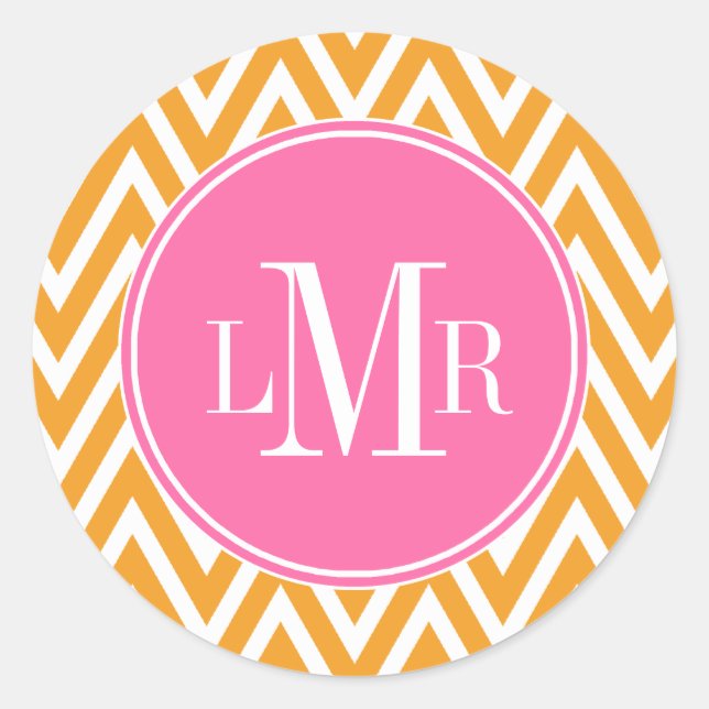 Orange and Pink Chevrons Monogram Classic Round Sticker (Front)