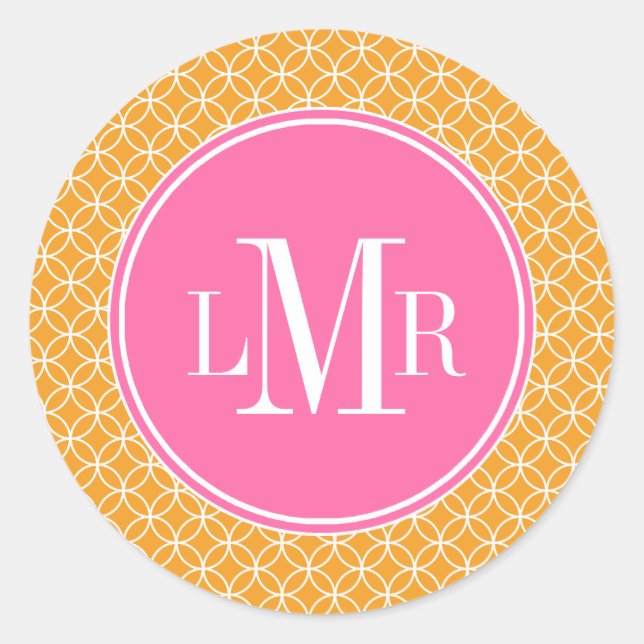Orange and Pink Circles Pattern Monogram Classic Round Sticker (Front)