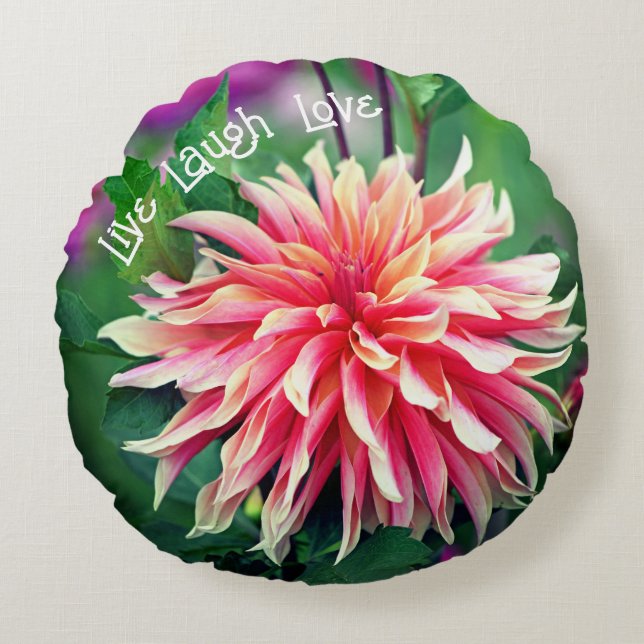 Orange and Pink Dahlia Flower Motivational Round Cushion (Front)