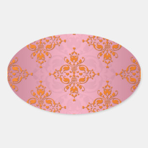 Orange and PInk Damask Pattern Oval Sticker