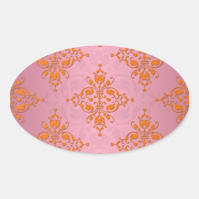 Orange and PInk Damask Pattern Oval Sticker (Front)