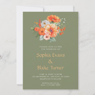 Orange And Pink Floral Bouquet Green Wedding Invitation