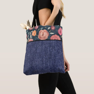 Orange and pink flowers and denim tote bag