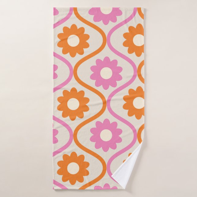 Orange and Pink Flowers on Mid Century Ogee Retro  Bath Towel (Bath Towel)