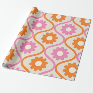 Orange and Pink Flowers on Retro Ogee Pattern  Wrapping Paper