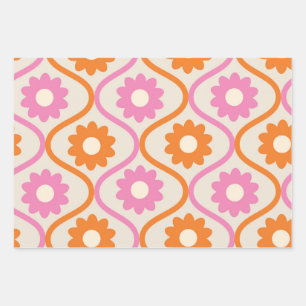 Orange and Pink Flowers on vintage Ogee  Wrapping Paper Sheet