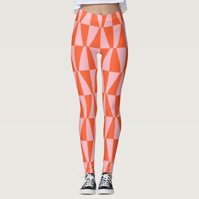 Orange and Pink Geometric Chequerboard Pattern Leggings (Front)