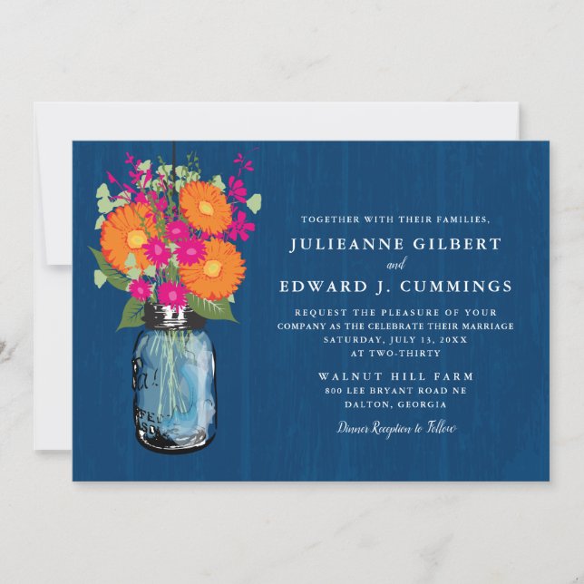 Orange and Pink Gerber Daisies Mason Jar Invitation (Front)