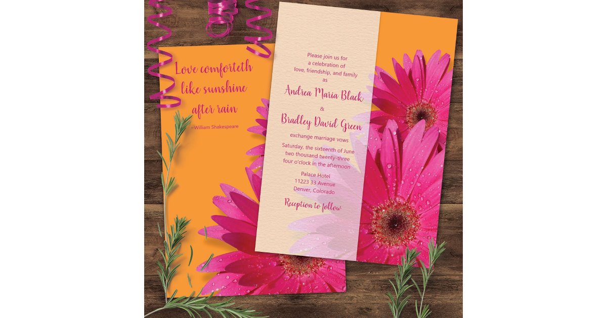 Orange and Pink Gerbera Daisy Wedding Invitation | Zazzle