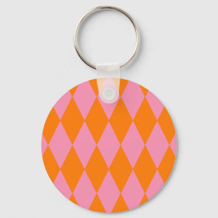 Orange and Pink Harlequin Checkered Design Key Ring