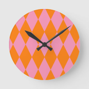 Orange and Pink Harlequin Checkered Design Round Clock