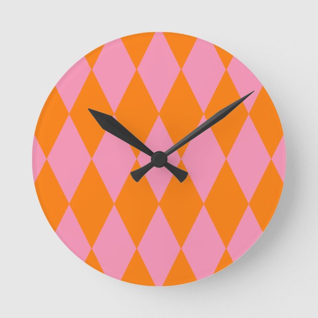 Orange and Pink Harlequin Checkered Design  Round Clock (Front)